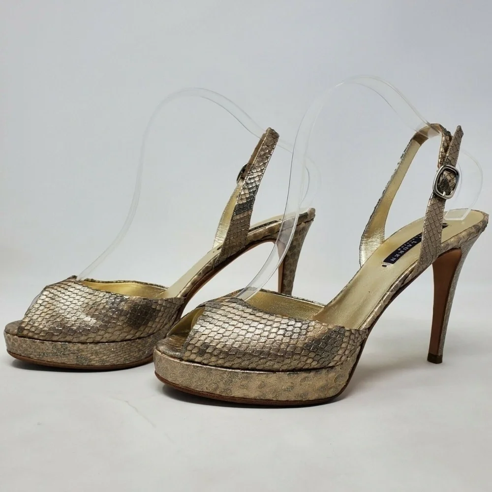 Ralph Lauren Snake Print Buckle Metallic Heels